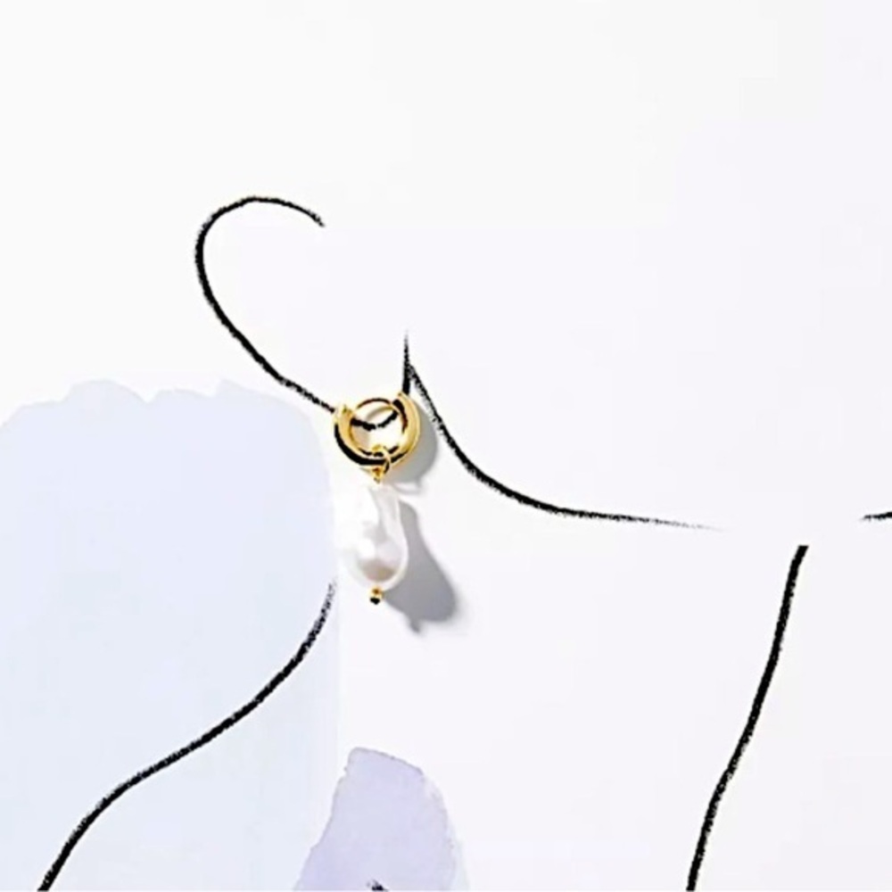 Anthropologie Fresh Water Baroque Pearl Drop Round Huggie Hoop Earrings